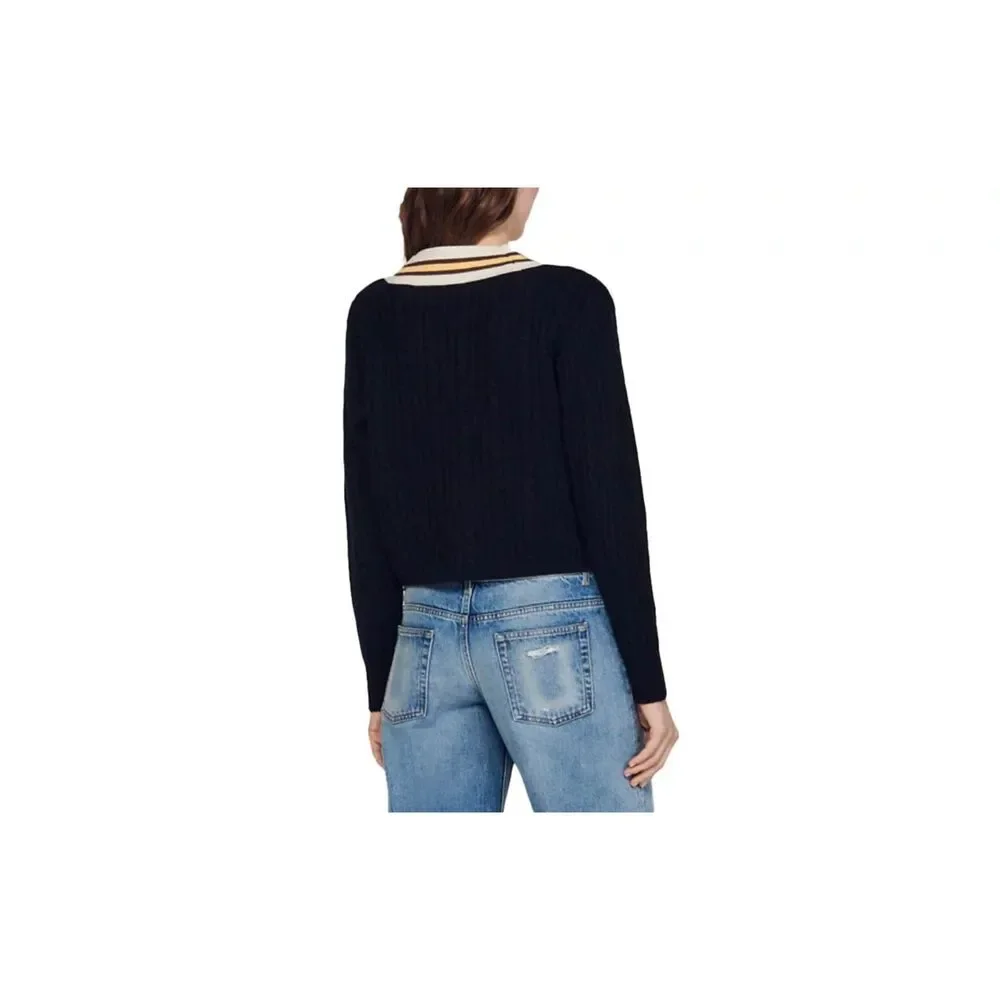 Sandro Contrast Stripe Cable Knit V-Neck Sweater in Navy White & Yellow Size 4 - Picture 5 of 15